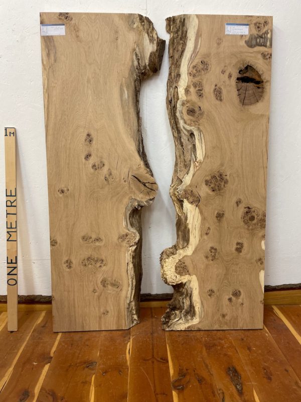 BURRY FIGURED OAK River Table Set Single Waney Edge Slabs Planed Finish Hardwood Boards 1089B-1A/1B Thickness 5cm Kiln Dried Seasoned Live Edge Epoxy Resin Projects Wildwood Desktop Tabletop Wallart Coffee TableTop