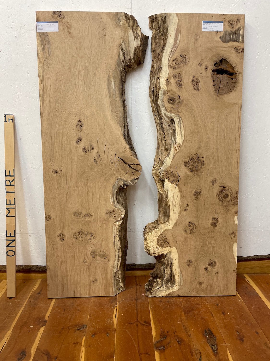 BURRY FIGURED OAK River Table Set Single Waney Edge Slabs Planed Finish Hardwood Boards 1089B-1A/1B Thickness 5cm Kiln Dried Seasoned Live Edge Epoxy Resin Projects Wildwood Desktop Tabletop Wallart Coffee TableTop