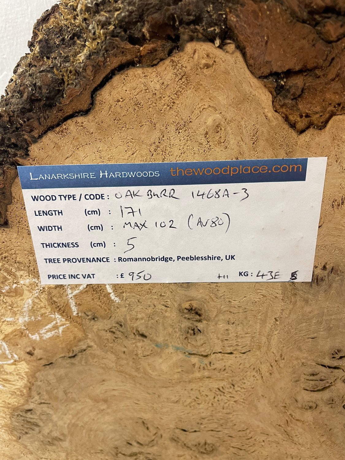RIPPLE FIGURED BURR OAK Natural Waney Edge Slab Milled Finish Hardwood Board 1468A-3 Thickness 5cm Kiln Dried Seasoned Live Edge Coffee Tabletops Desks Wildwood Wallart - Image 3